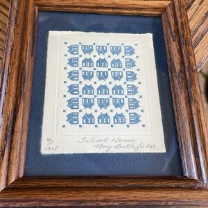 Vintage Mary Rutherford embossed School House quilt print, blue houses,